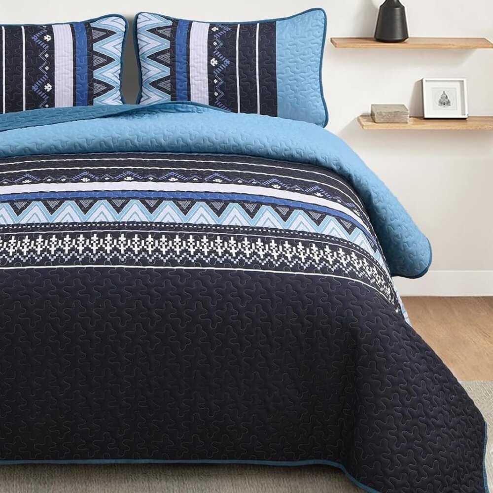 New 3 PC Boho Blue & Black Reversible Quilt Set • QUEEN Size